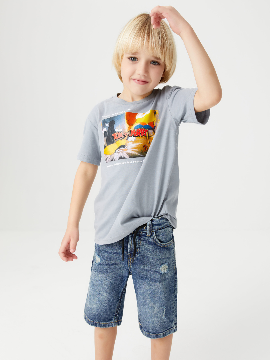 Джинсовые шорты со шнурком на поясе для мальчиков, фото - 1