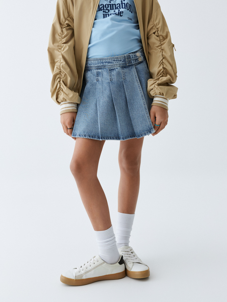 Джинсовая юбка-шорты в складку для девочек, фото - 1