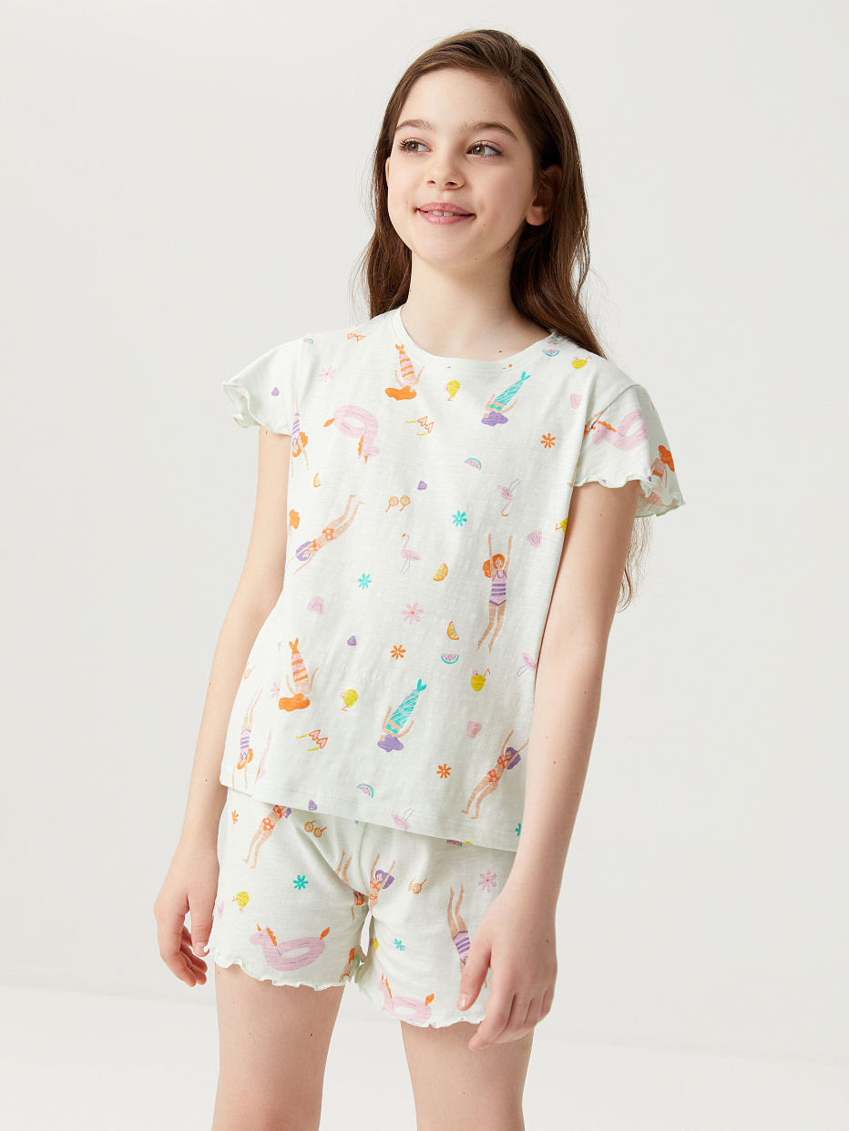 Трикотажная пижама с принтом для девочек, фото - 1