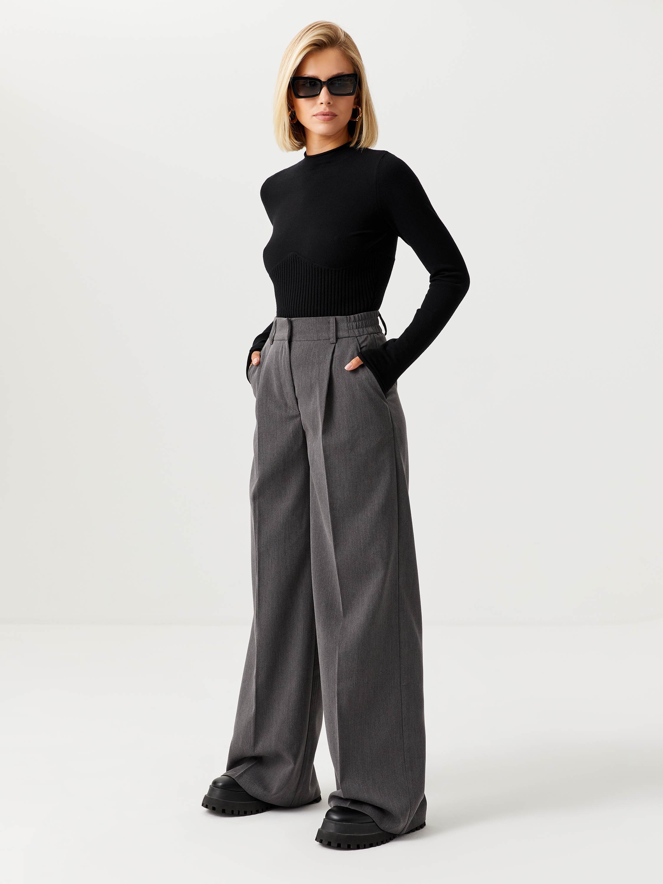 Широкие брюки со стрелками цвет: темно-серый меланж, артикул: 1808011525 –купить в интернет-магазине sela