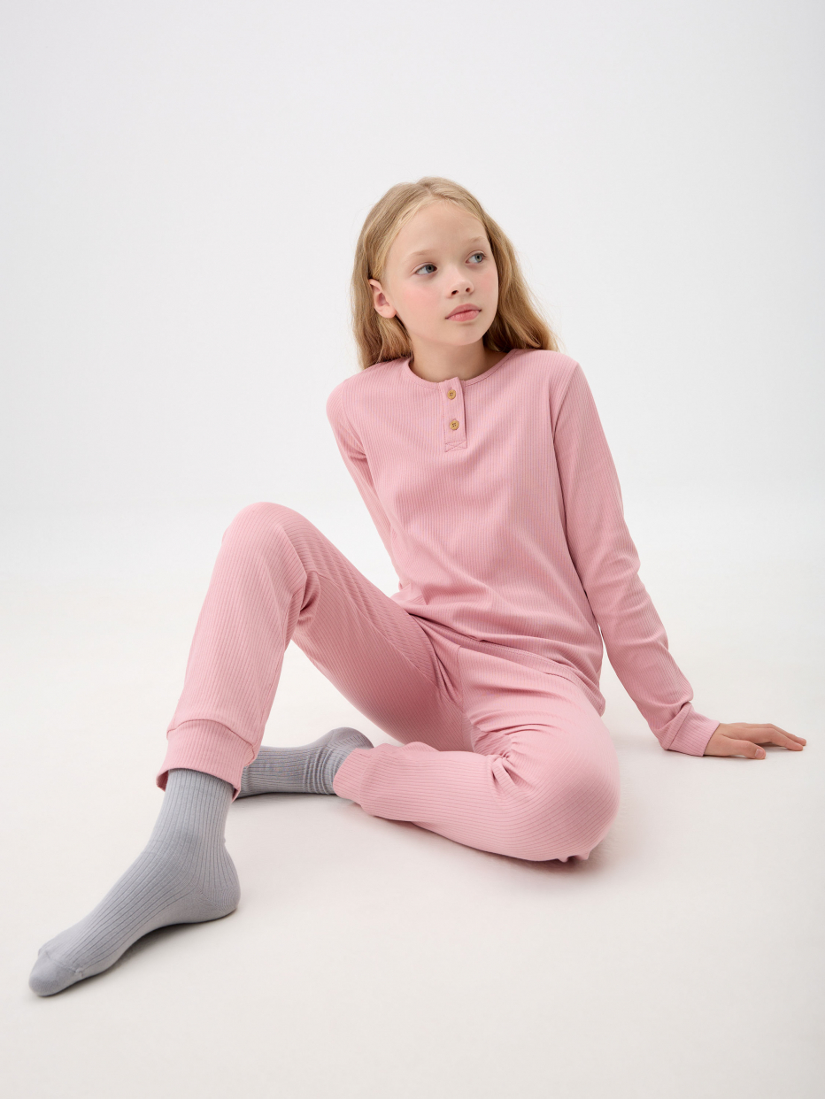 Трикотажная пижама в рубчик для девочек, фото - 1