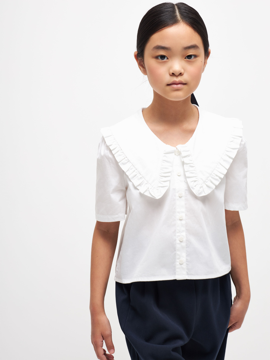Хлопковая блузка с нарядным воротником для девочек, фото - 1
