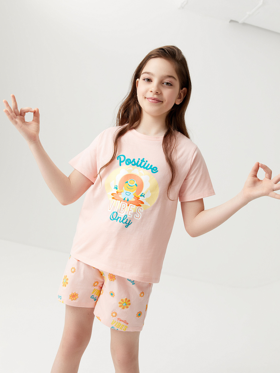Трикотажная пижама с принтом «Миньоны» для девочек, фото - 1