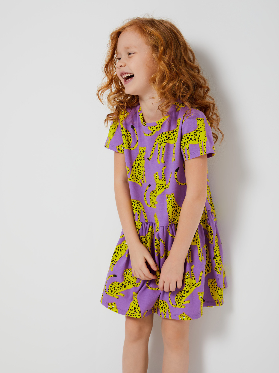Трикотажное платье с принтом для девочек, фото - 1