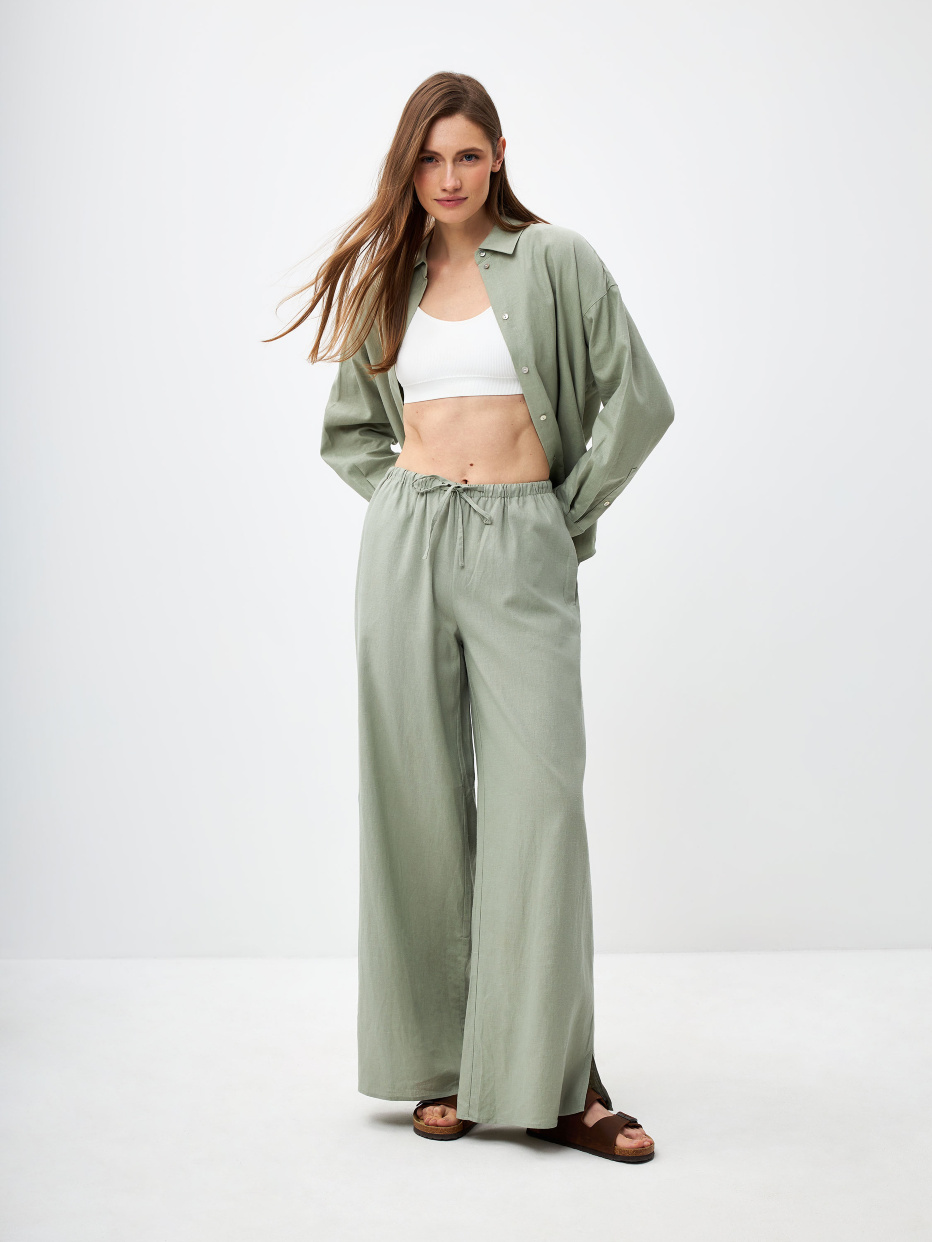 Широкие брюки из смесового льна цвет: дымчато-оливковый, артикул:3805011525 – купить в интернет-магазине sela