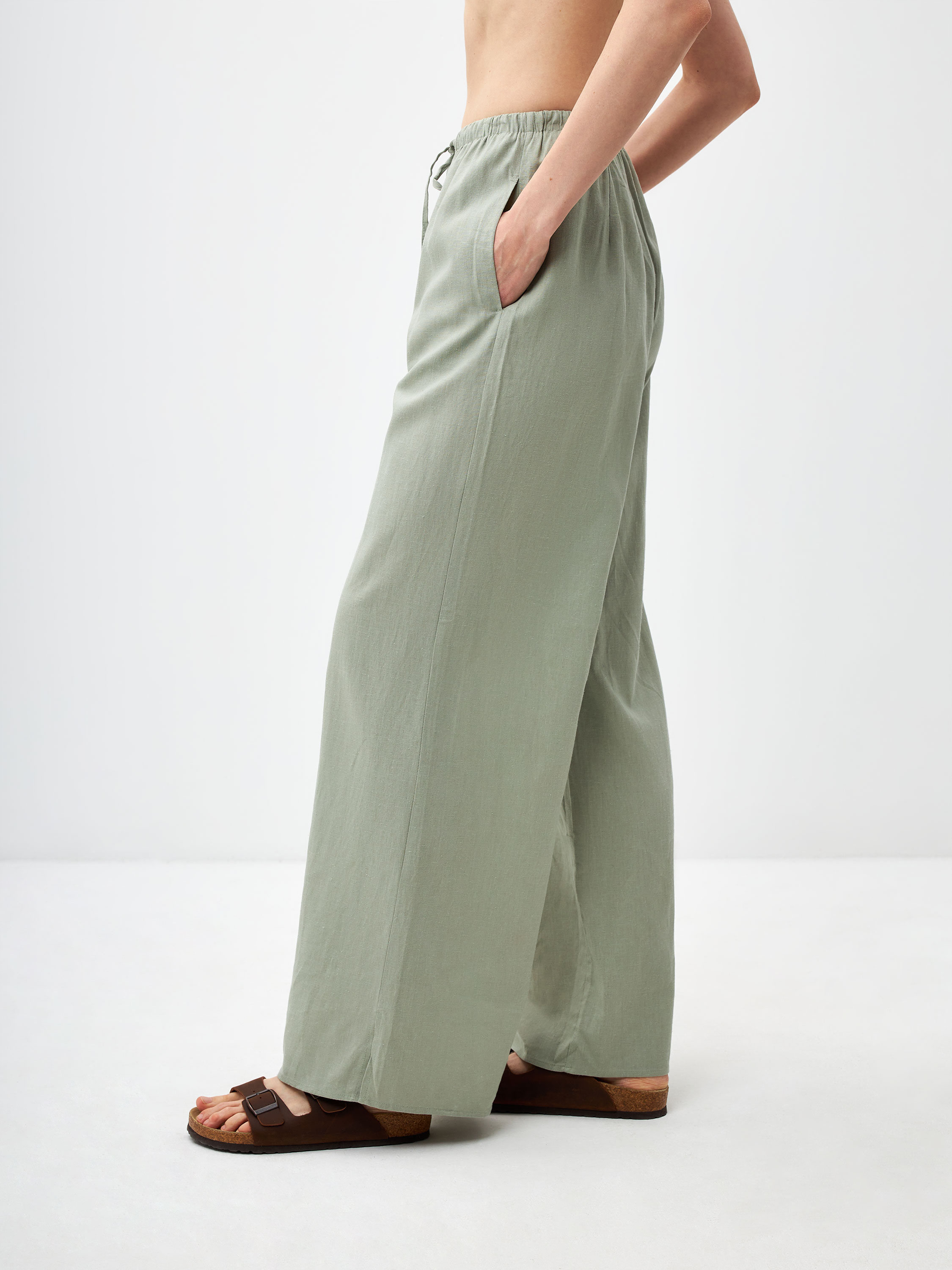 Широкие брюки из смесового льна цвет: дымчато-оливковый, артикул:3805011525 – купить в интернет-магазине sela