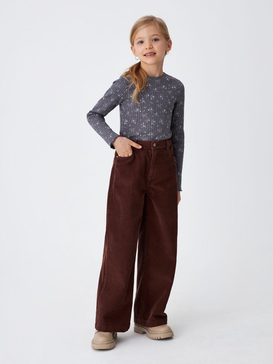Широкие вельветовые брюки для девочек цвет: тёмно-коричневый, артикул:2809051598 – купить в интернет-магазине sela