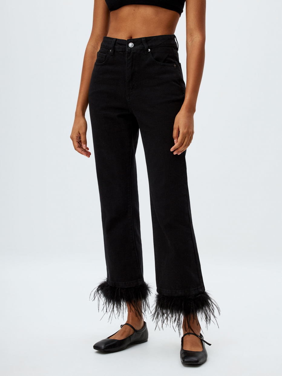 Черные укороченные джинсы с перьями, фото - 2