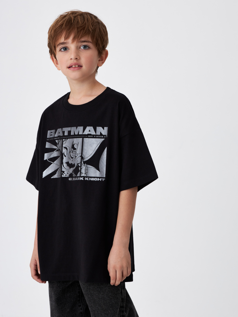 Черная футболка с принтом Batman для мальчиков, фото - 1