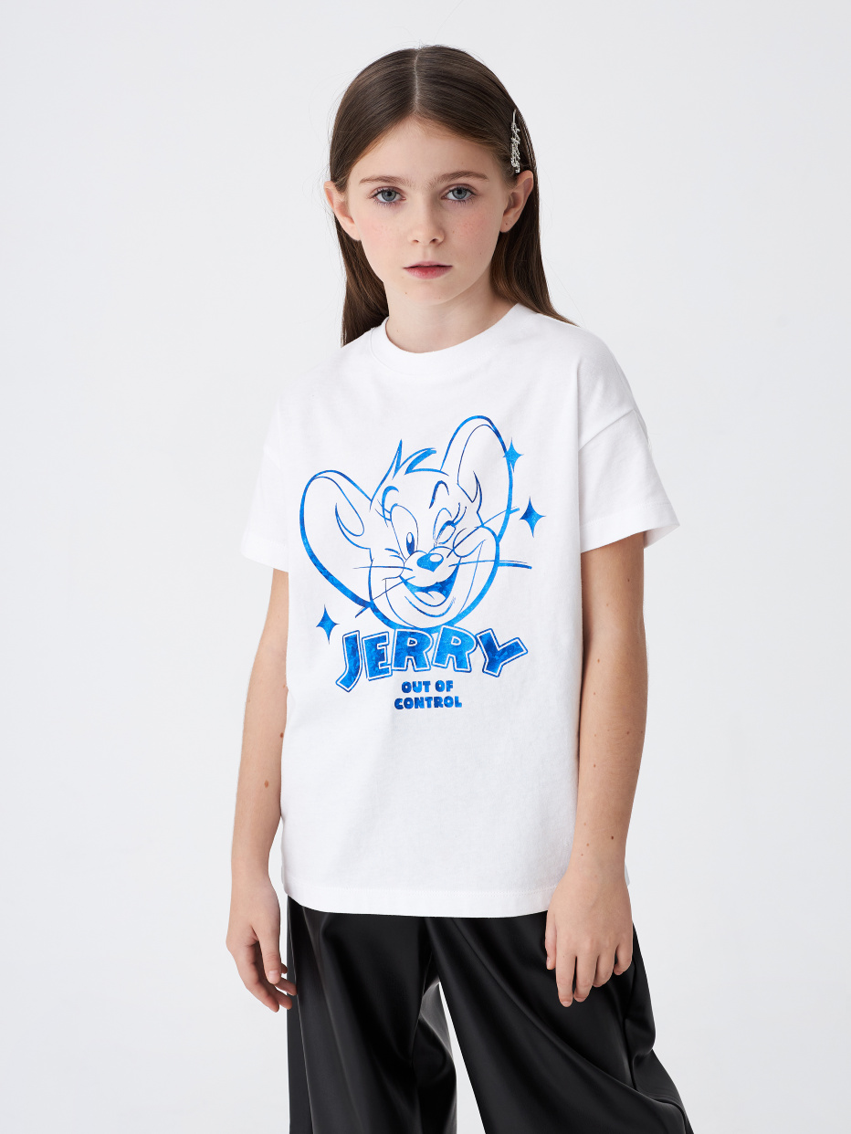 Белая футболка с принтом Tom and Jerry для девочек, фото - 1