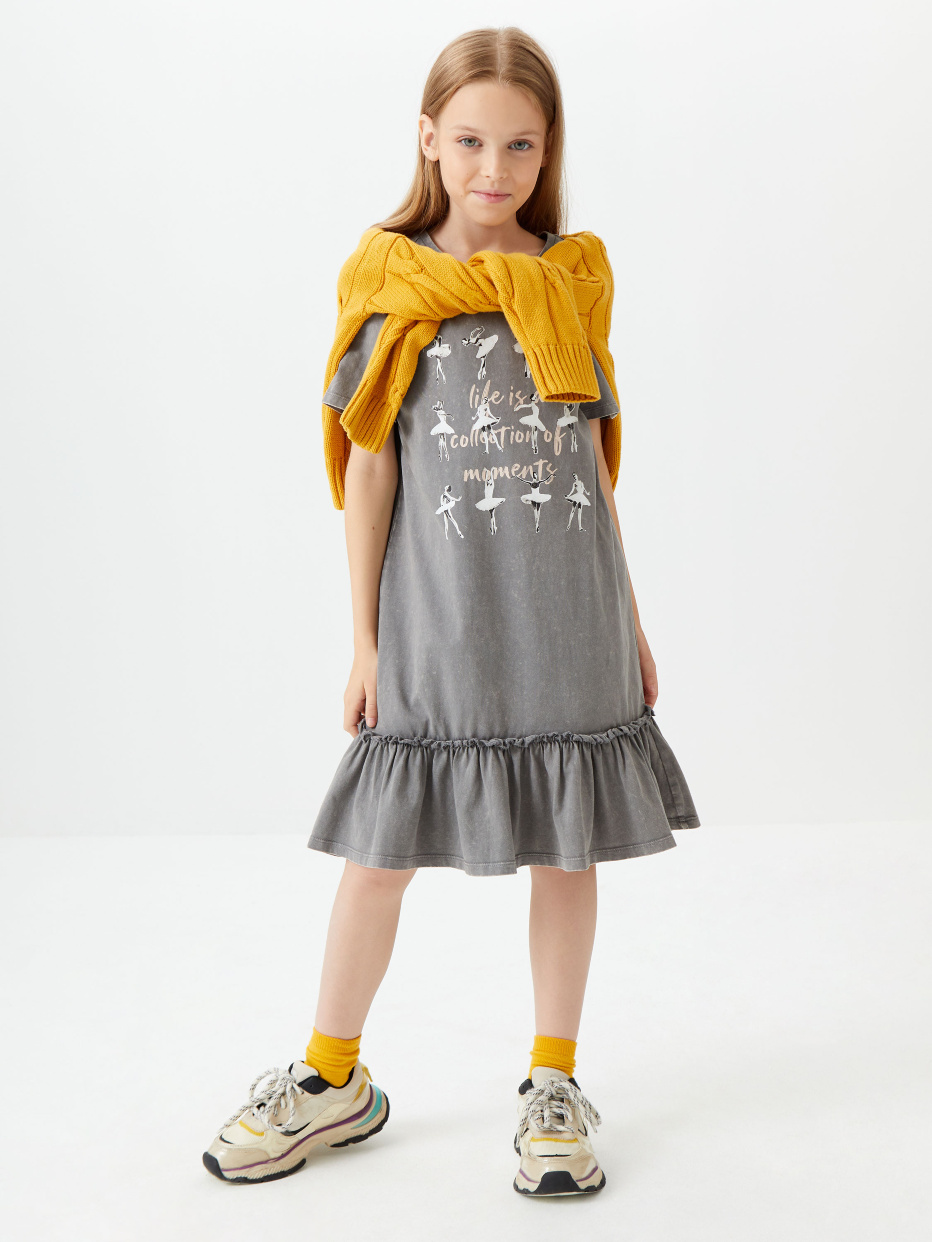 Платье-футболка с эффектом стирки и принтом для девочек, фото - 1