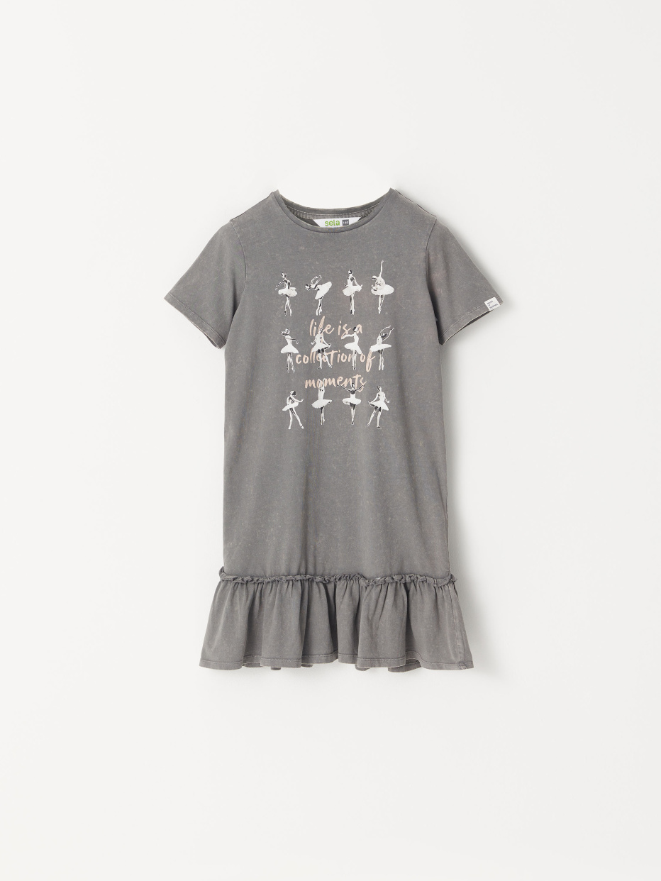 Платье-футболка с эффектом стирки и принтом для девочек, фото - 2