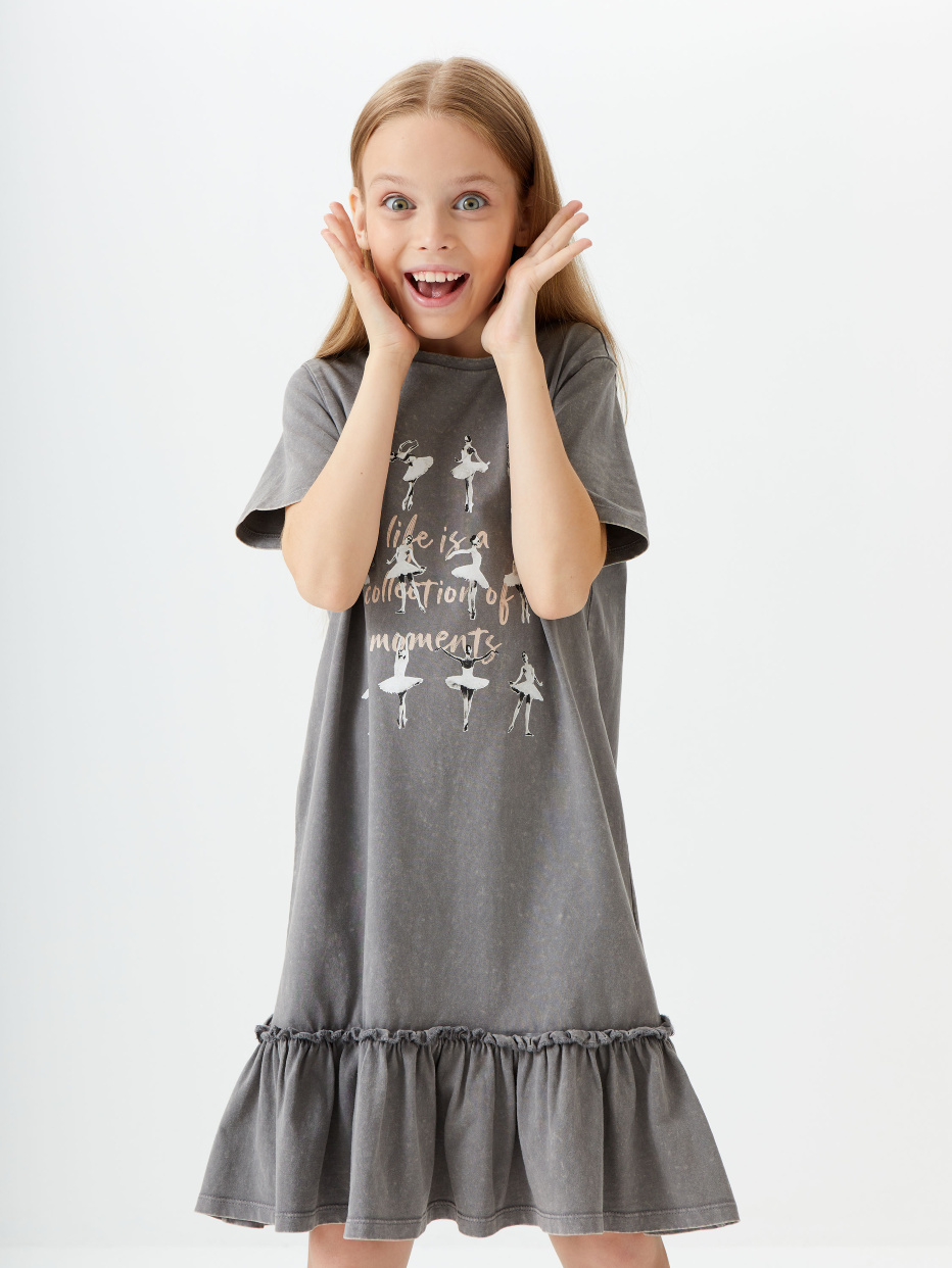 Платье-футболка с эффектом стирки и принтом для девочек, фото - 6
