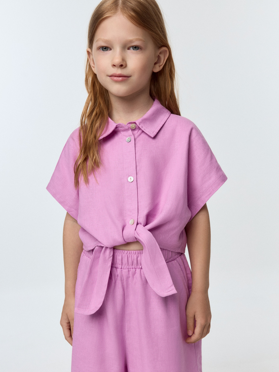 Блузка из смесового льна с узлом для девочек, фото - 2