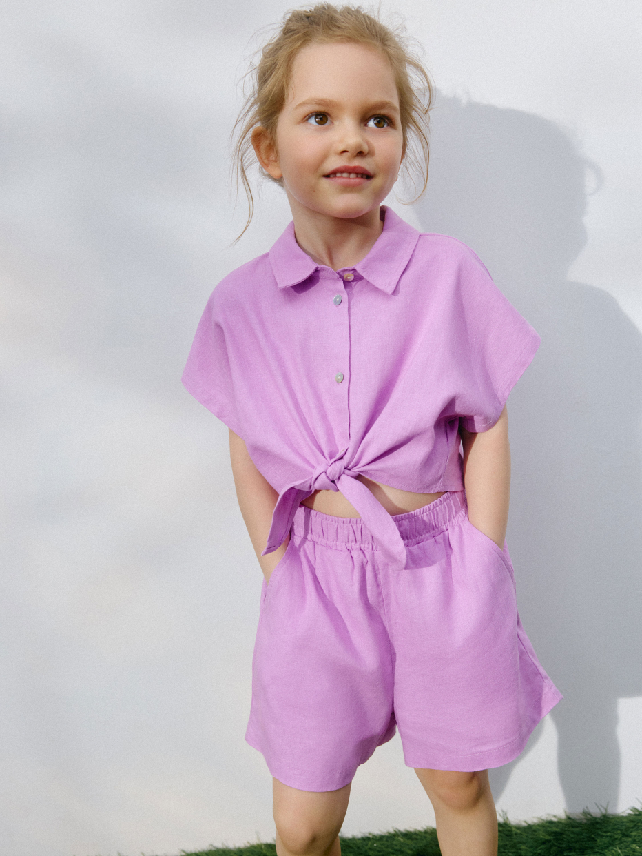 Блузка из смесового льна с узлом для девочек, фото - 1