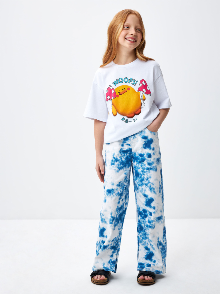 Джинсы wide leg тай-дай с разрезами для девочек цвет: белый абстракция ...