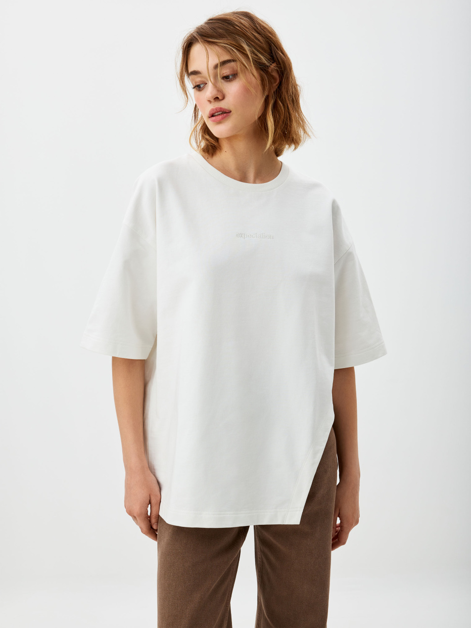Белая футболка оверсайз с асимметричным низом, фото - 1