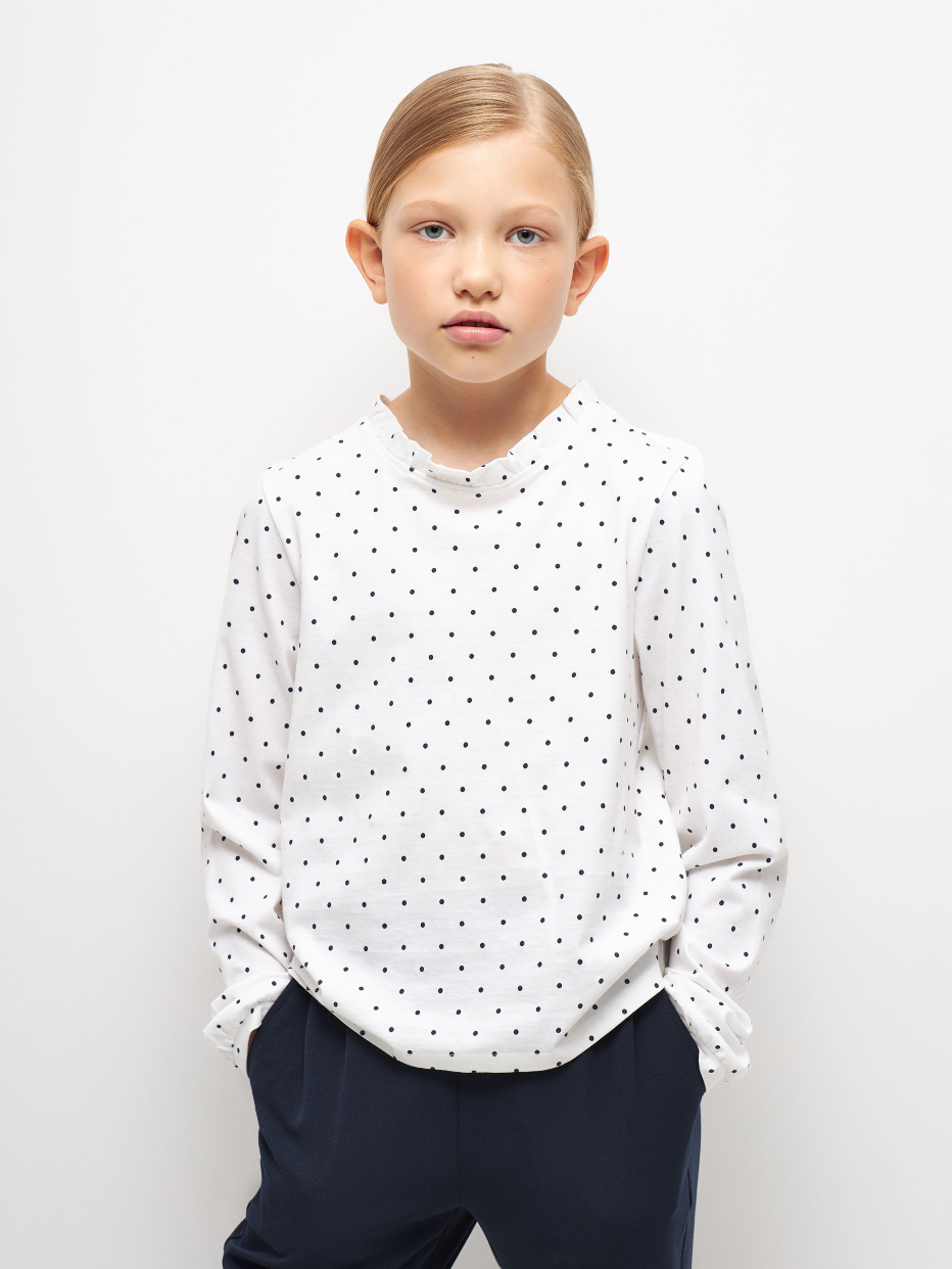 Трикотажная блузка в горошек с воротником-стойкой для девочек, фото - 1
