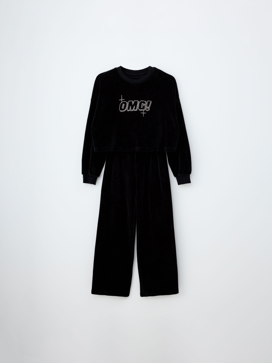 Черная велюровая пижама со стразами для девочек, фото - 4