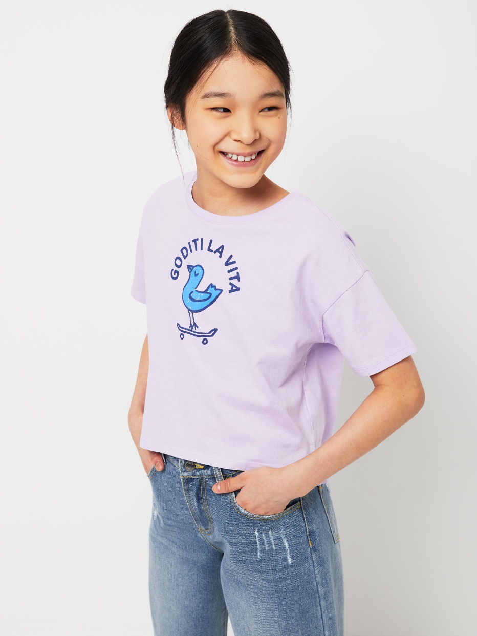 Укороченная футболка с принтом для девочек, фото - 1