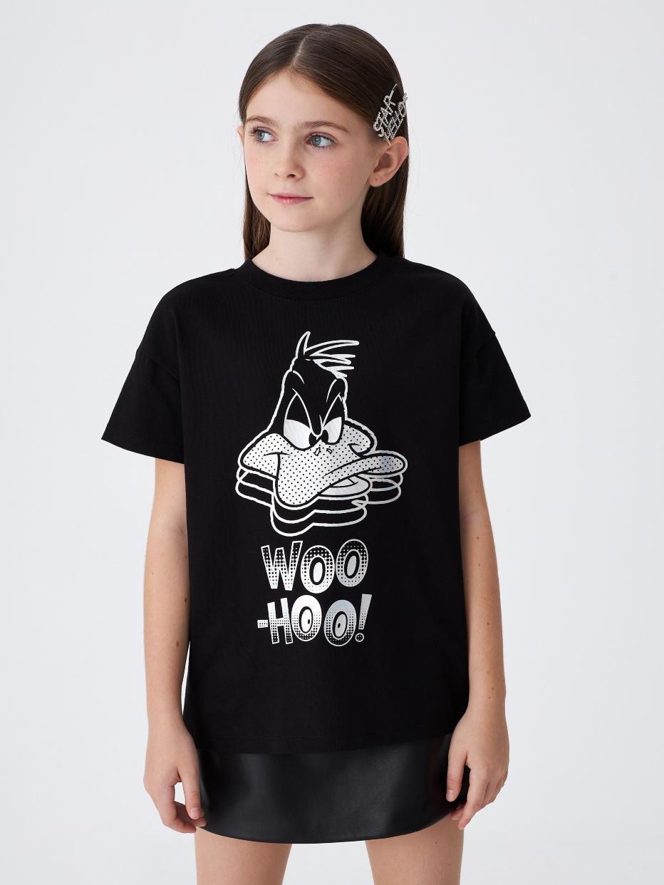 Черная футболка с принтом Looney Tunes для девочек, фото - 1