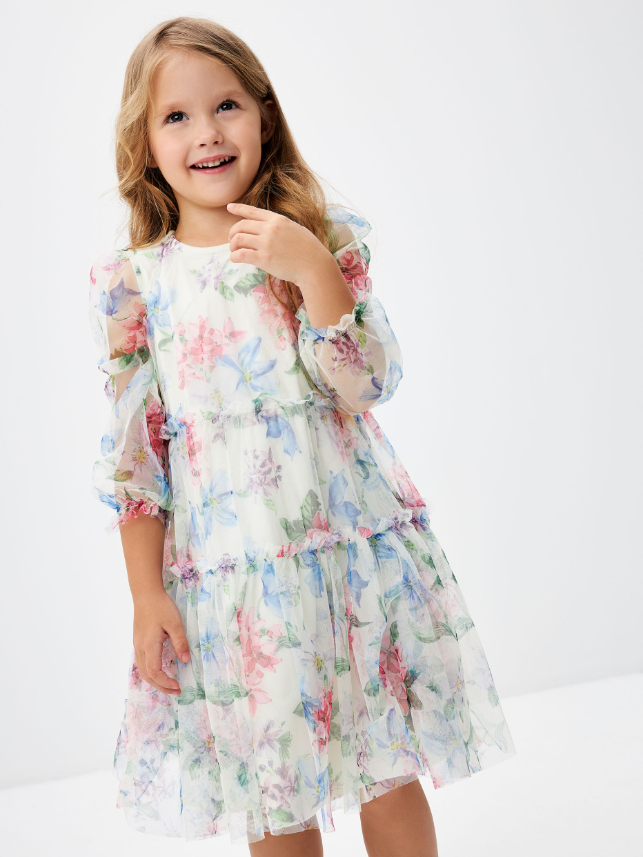 Ярусное платье с цветочным принтом для девочек, фото - 1