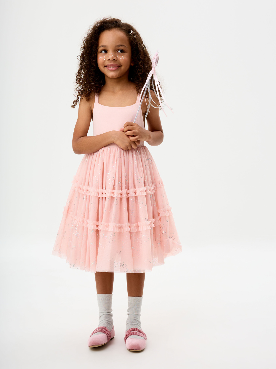 Розовое пышное платье на бретелях для девочек, фото - 2