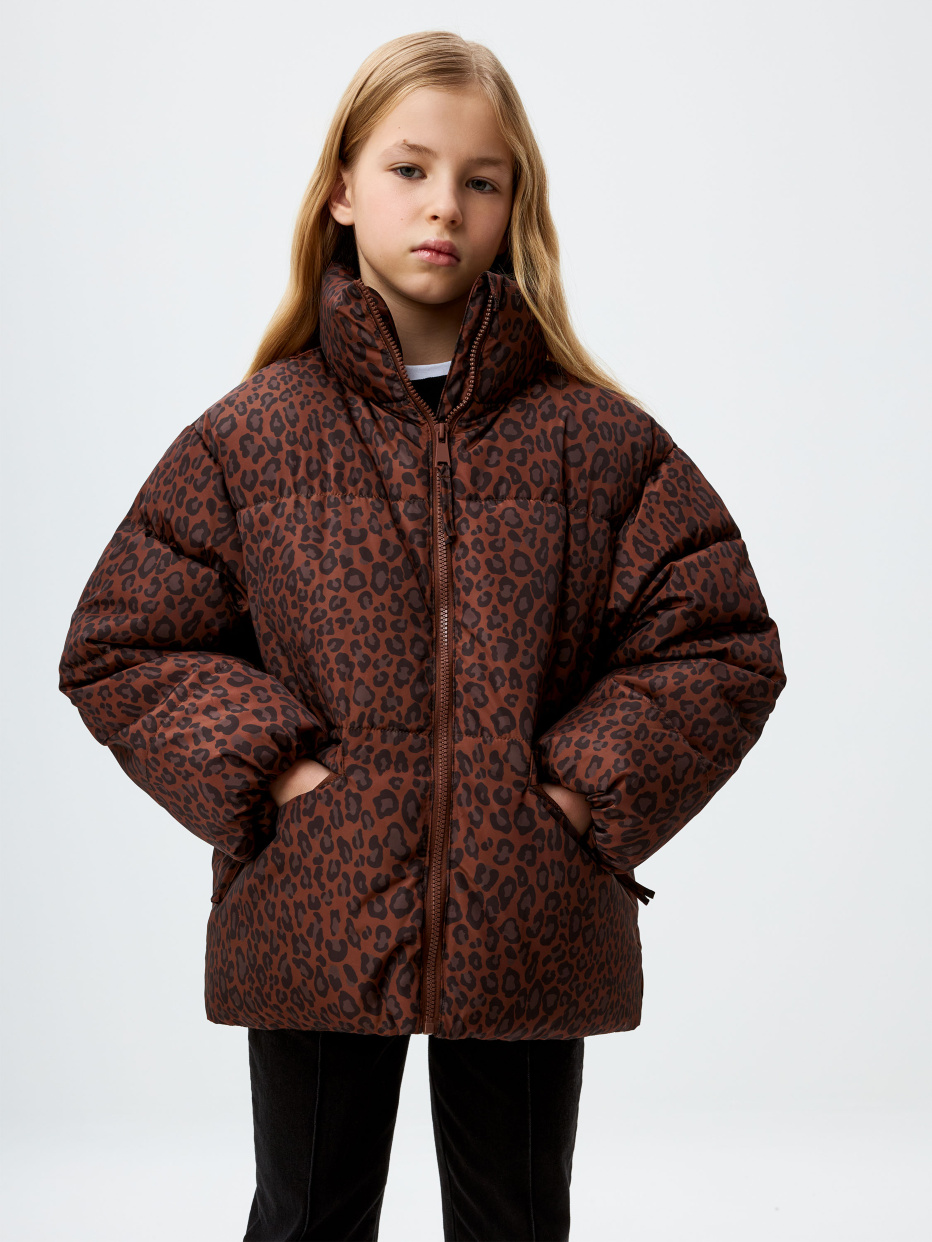 Дутая куртка с леопардовым принтом для девочек, фото - 1