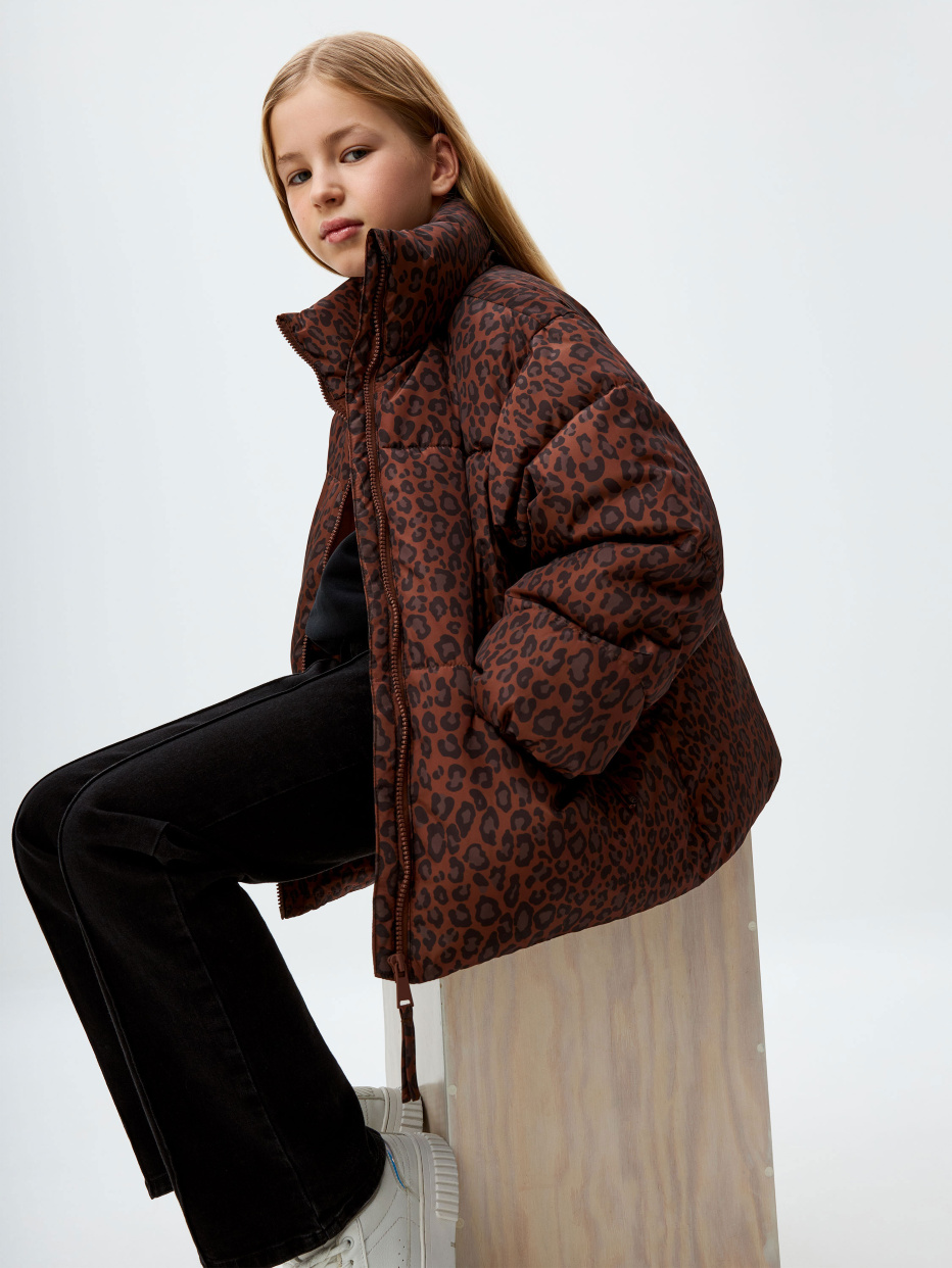 Дутая куртка с леопардовым принтом для девочек, фото - 4