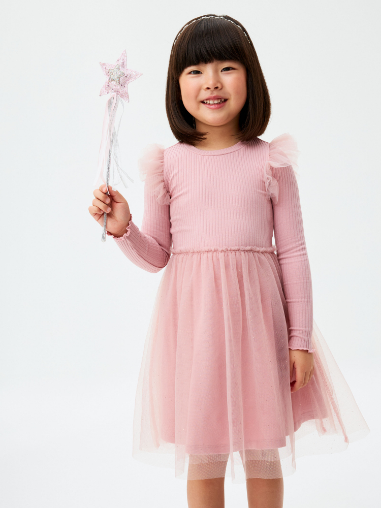 Платье с юбкой из сетки для девочек цвет: дымчатый розовый, артикул ...