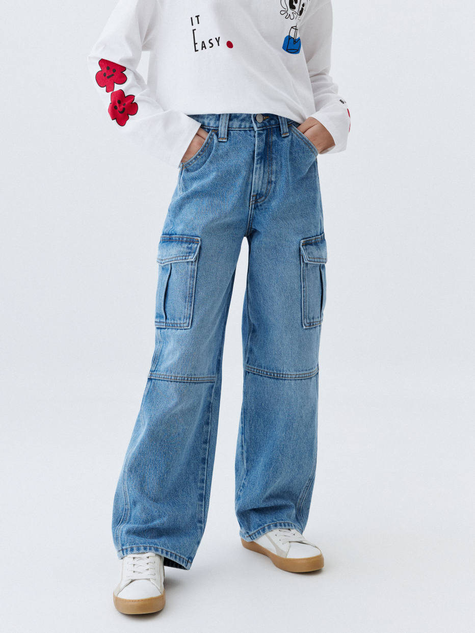Джинсы Baggy Fit с карманами карго для девочек, фото - 2