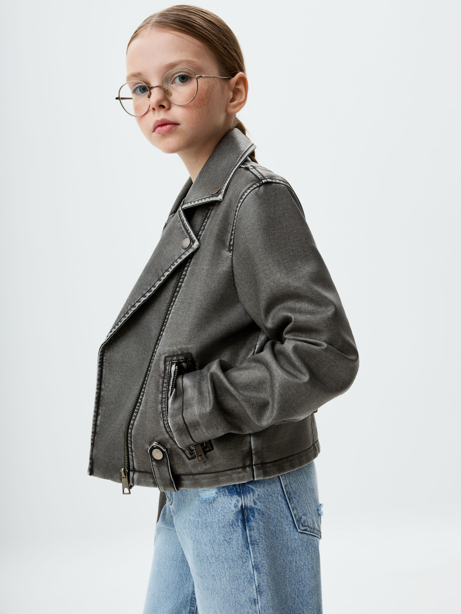 Короткая куртка-косуха с состаренным эффектом для девочек, фото - 2