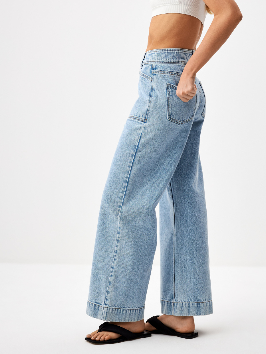Широкие джинсы с накладными карманами цвет: голубой индиго, артикул:3807011419 – купить в интернет-магазине sela