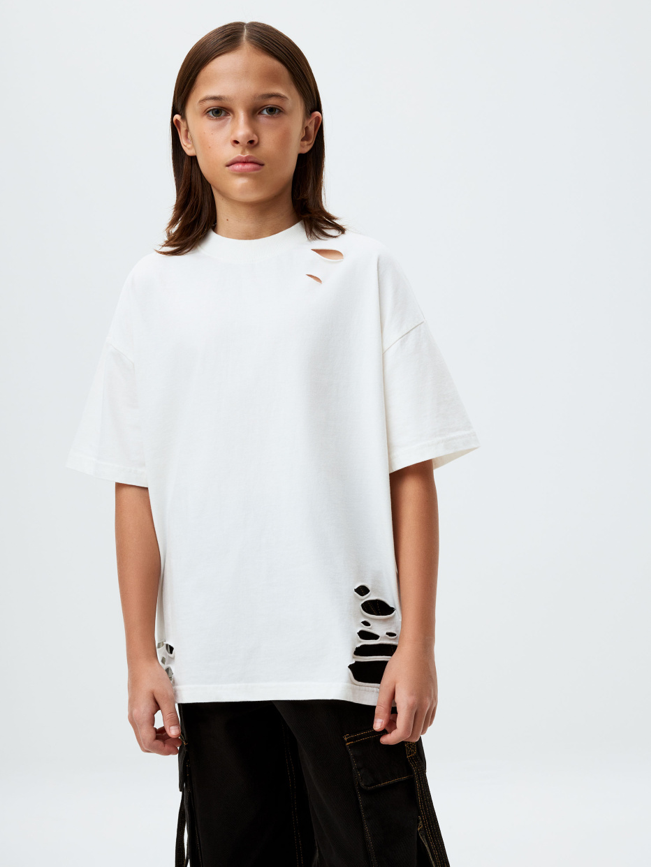 Белая рваная футболка в стиле гранж детская, фото - 1